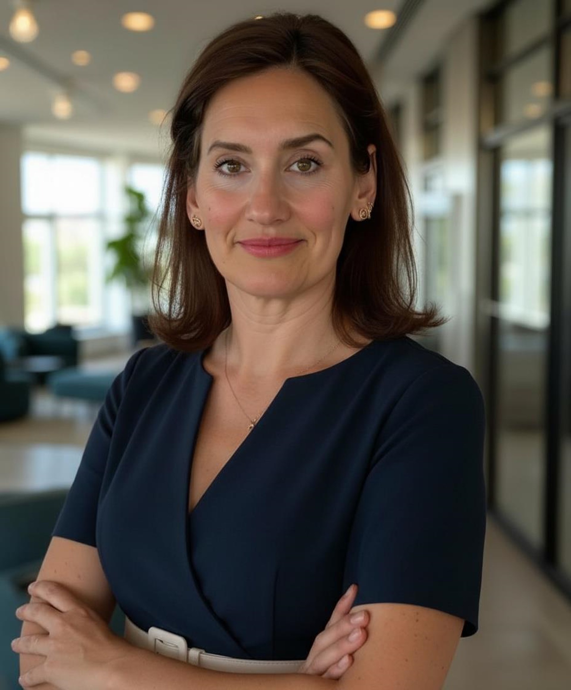 Portraitfoto, das eine Dame mit schulterlangen braunen Haaren mittleren Alters zeigt, die ein dunkelblaues Business-Kleid trägt.