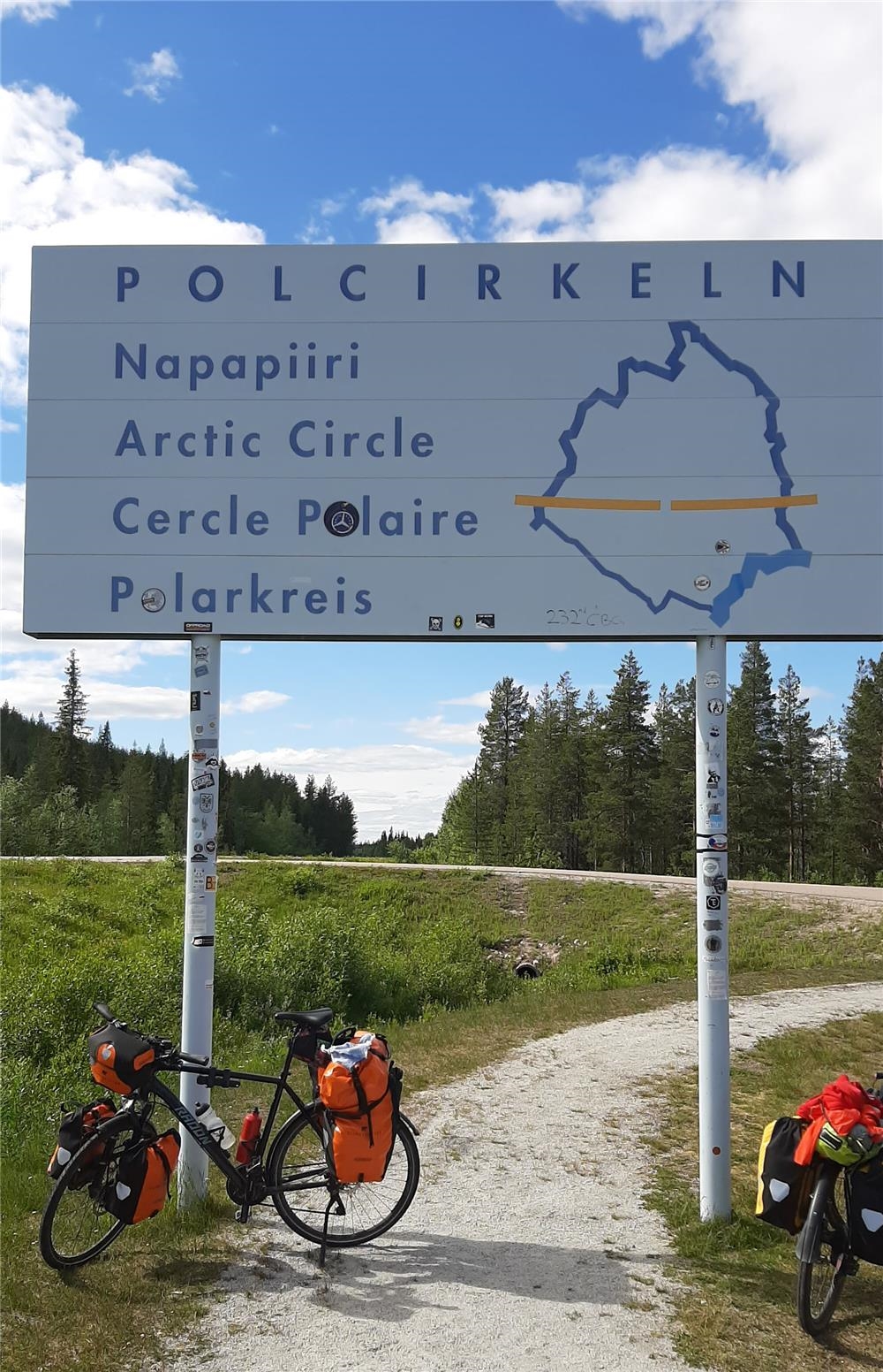 Fahrrad mit Packtaschen parkt an einem Straßenschild mit der Aufschrift "Polarkreis" in mehreren Sprachen (c) Bettina Prien, Offenbach)